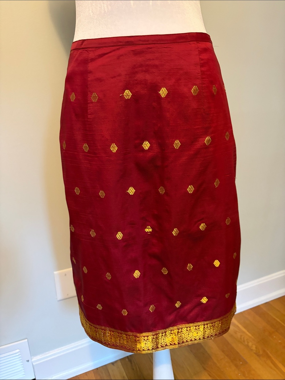 Deep Red Embroidered Midi Skirt with Gold Detailing